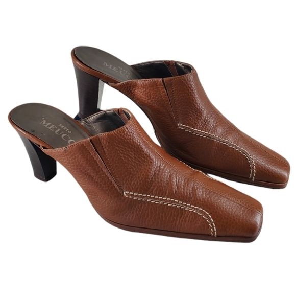 Sesto Meucci Heel Shoes Wmn 6.5 N Brown Leather Slip On Square Toe 3” Mule Italy - Picture 1 of 11